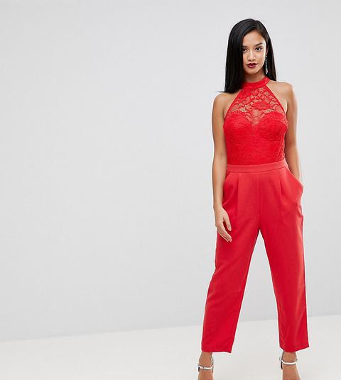 Asos Petite - Tuta Lunga Allacciata Al Collo Con Parte Superiore In Pizzo - Rosso