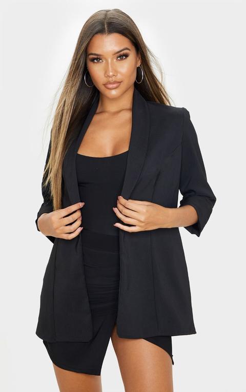 Black Woven Turn Up Sleeve Blazer