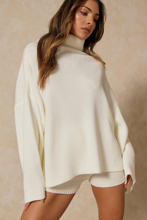 Womens Roll/polo Neck Oversized Jumper Cream