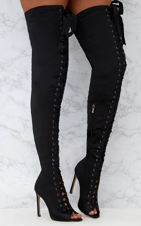 Black Satin Thigh High Lace Up Heeled Boots, Black