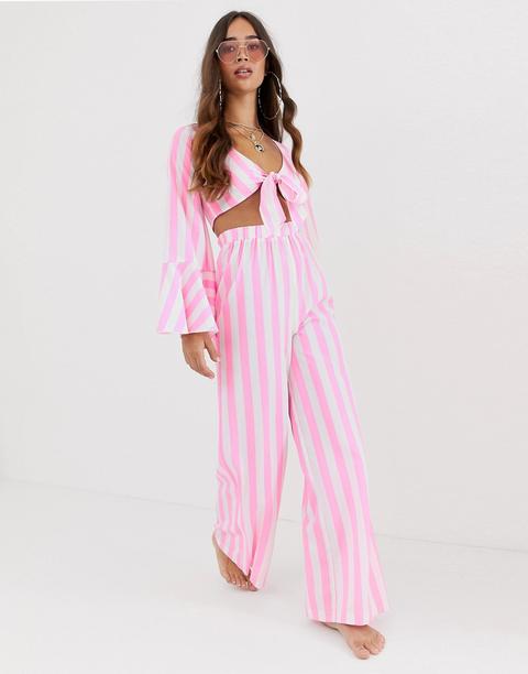 Asos Design Wide Leg Beach Trousers In Pink Stripe Co-ord-multi