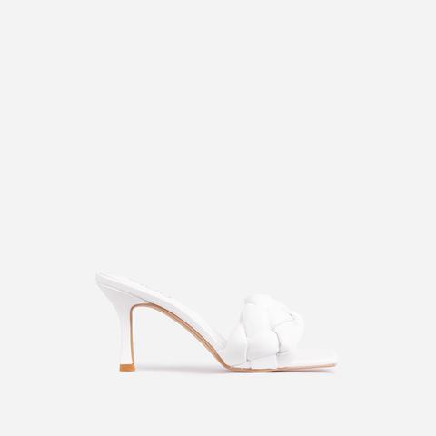 Waves Square Peep Toe Woven Kitten Heel Mule In White Faux Leather, White