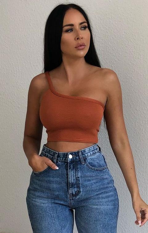 Rust Ribbed One Shoulder Crop Top - Daisy