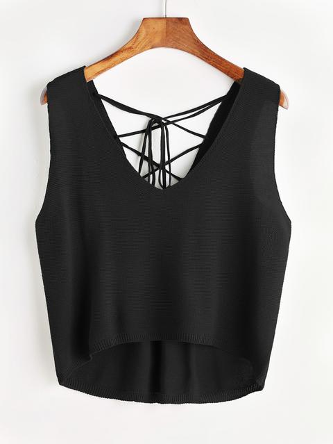 Lace Up Back Dip Hem Tank Top