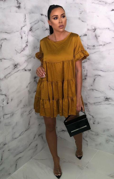 Mustard Satin Babydoll Smock Swing Mini Dress - Alise