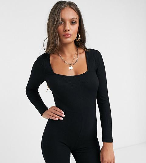 Asos Design Petite Jersey Square Neck Rib Short Unitard In Black