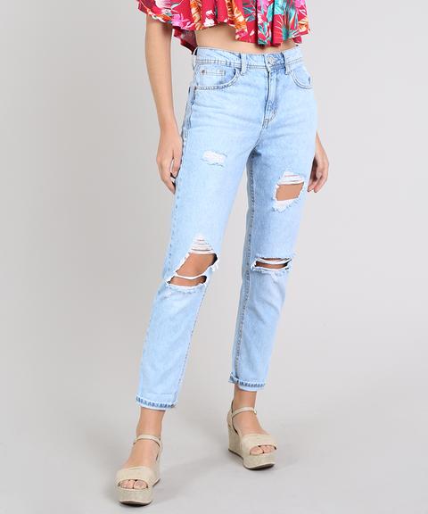 Calça Jeans Feminina Mom Destroyed Azul Claro