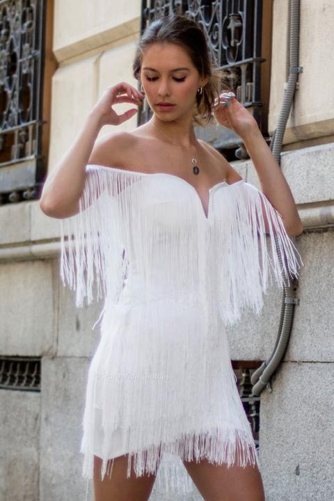 Vestido Ringlette Flecos Blanco