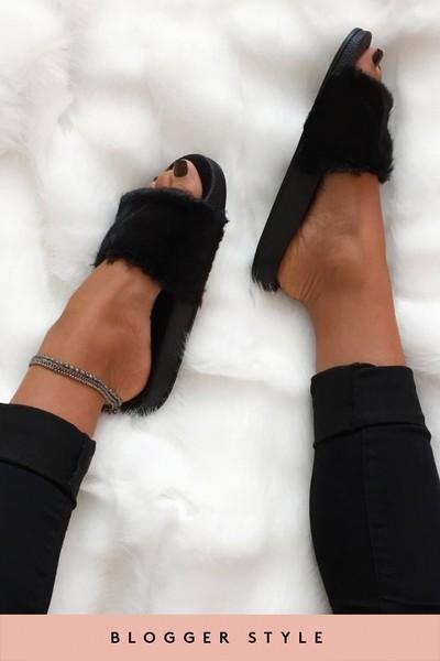 Megan Mckenna Black Faux Fur Sliders