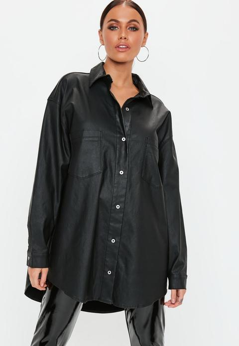 Black Oversized Coated Denim Shirt