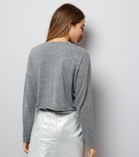 Grey Raw Hem Long Sleeve Crop Top