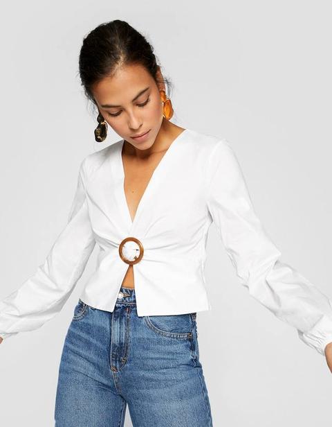 Cropped Blouse With Waist Buckle In White