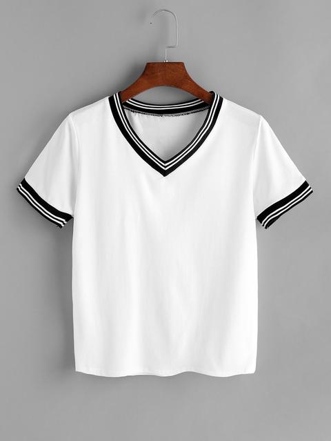 Camiseta Con Cuello En V Ribete De Rayas En Contraste - Blanco