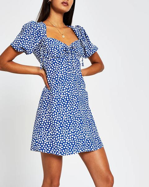 Blue Short Sleeve Spot Print Mini Tea Dress