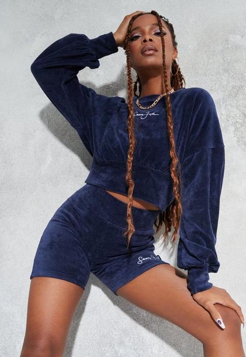 Sean John X Missguided Navy Velour Corset Cropped Oversized Sweatshirt, Navy