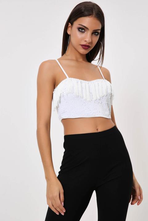 White Bandeau Top With Tassles