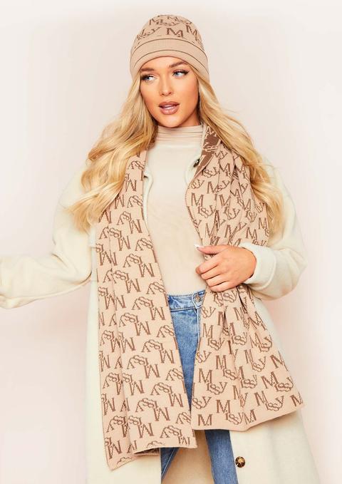 Eleanor Beige Missy Empire Print Oversized Long Knitted Scarf