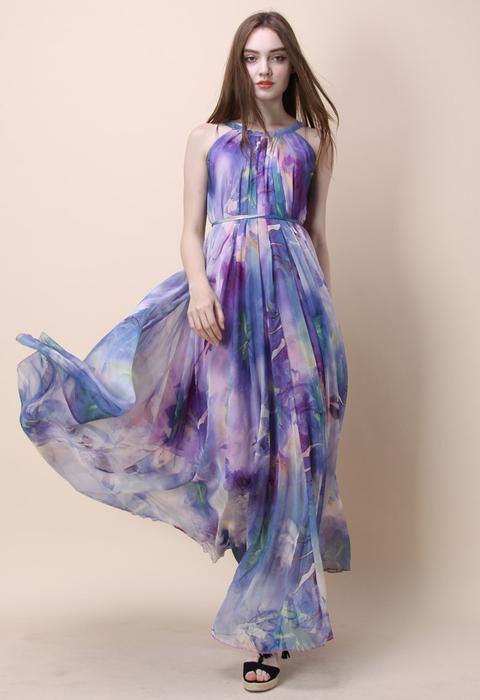 Floral Watercolor Maxi Slip Dress In Violet