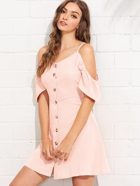 Casuale Plain Bottone Rosa Vestiti