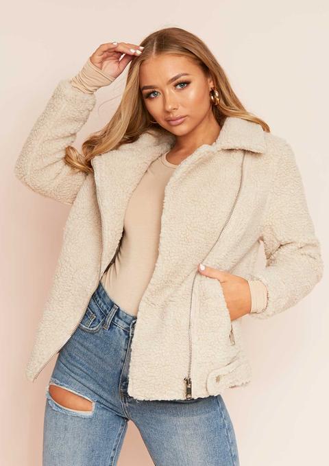 Belin Beige Teddy Borg Biker Jacket