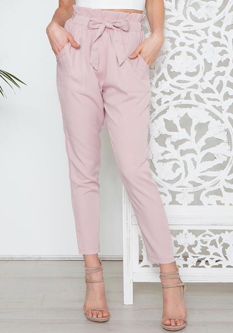 Pantaloni Cinturini In Fiocco Di Cravatta Ad Alta Moda A Vita Rosa