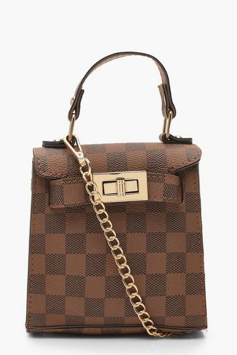 Womens Check Mini Grab Bag & Chain - Brown - One Size, Brown