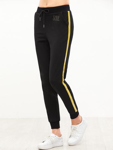 Pantalones Deportivos Con Bordado De Letras Negro