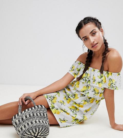 Missguided Exclusive Lemon And Polka Dot Bardot Dress