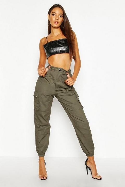 Womens High Waist Woven Pocket Cargo Trousers - Green - 14, Green