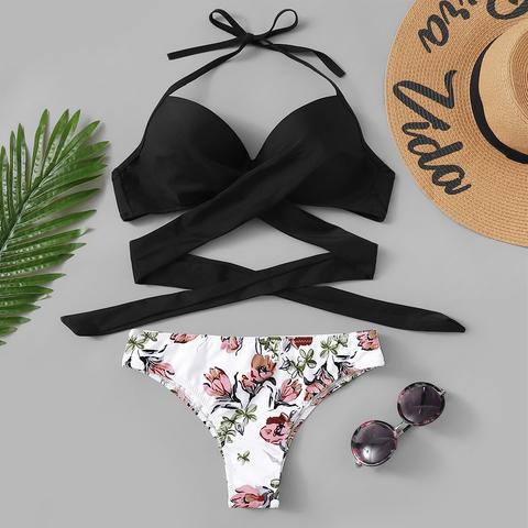 Set Bikini Halter Incrociato E Stampa Casuale