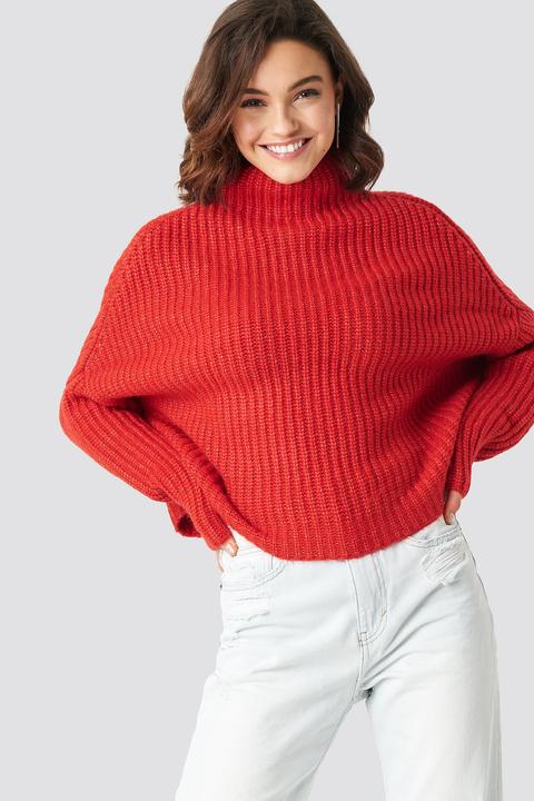 Boxy High Neck Knitted Sweater Red