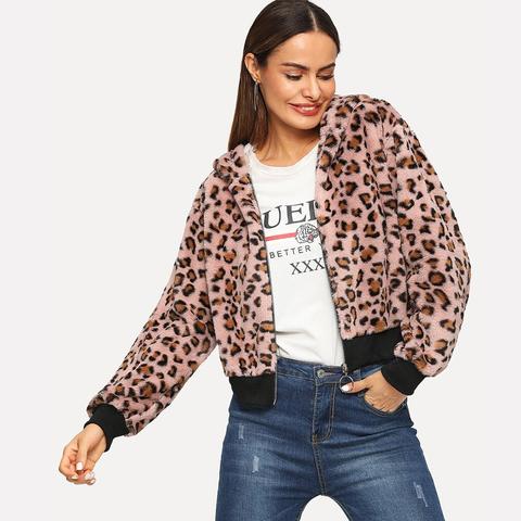 Giacca Teddy Con Stampa Leopardata Con Cappuccio E Zip