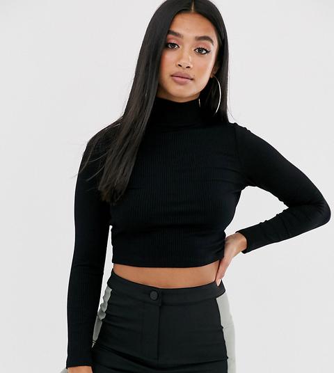 Asos Design Petite Turtle Neck Long Sleeve Rib Crop Top In Black