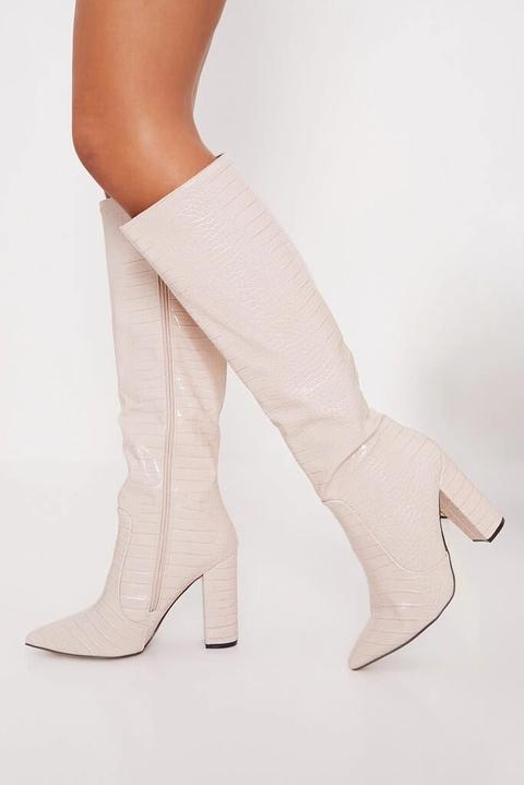 Stone Calf Height Heeled Croc Boots , Beige