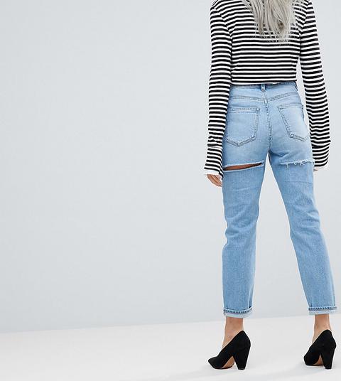 Asos Design Petite Farleigh High Waist Slim Mom Jeans In Ariel Light Stone Wash With Bum Rips