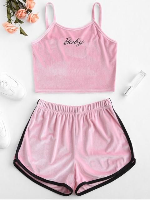 Zaful Velvet Embroidered Top And Shorts Set Pink Red Wine Yellow