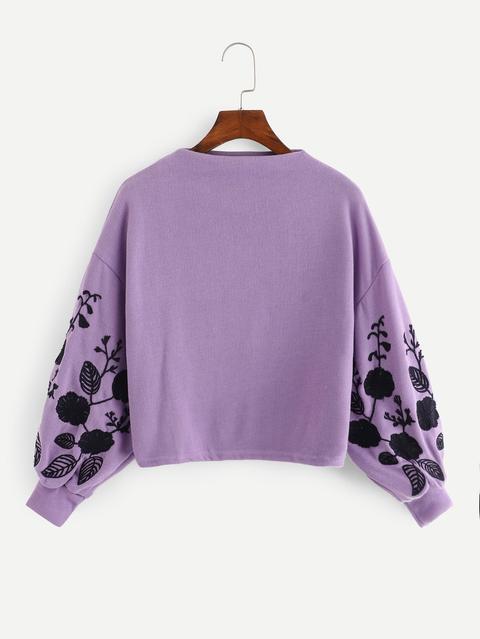 Maglia Crop Con Maniche A Lanterna Di Rose Ricamate