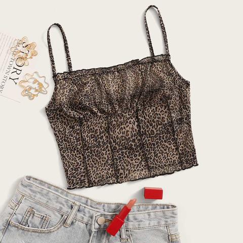 Frill Trim Crinkle Leopard Cami Top