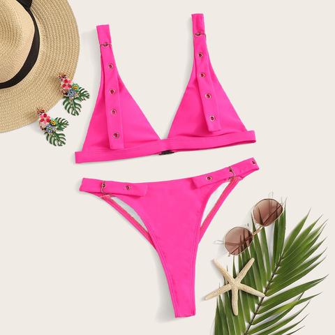 Neon Hot Pink Eyelet Buckle High Cut Bikini