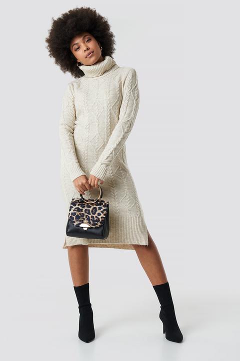 Knitted Detail Sweater Dress Beige