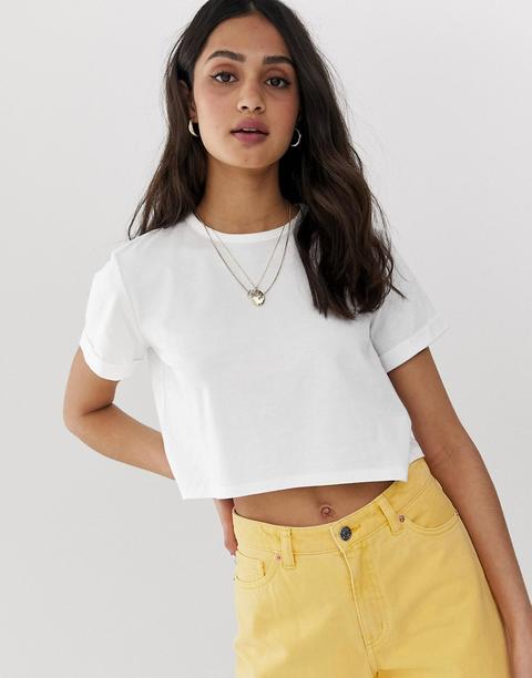 Asos Design Ultimate Organic Cotton Crop T-shirt With Roll Sleeve In White - White