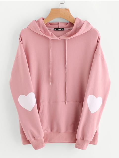 Drop Shoulder Heart Print Sleeve Pocket Front Hoodie