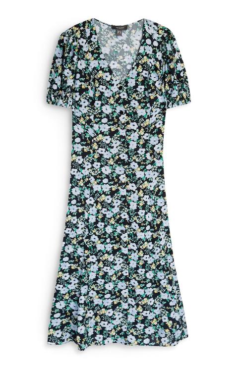 Blue Floral Puff Sleeve Midi Dress