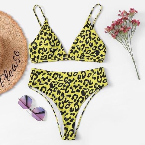 V-plunge Leopard Print Top With High Leg Bikini Set