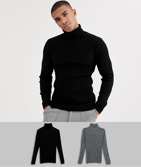 Asos Design Muscle Fit Ribbed Roll Neck Jumper In Black / Black & White Twist-multi