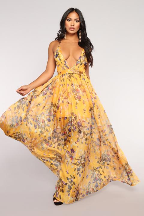 Floral Garden Maxi Dress - Mustard