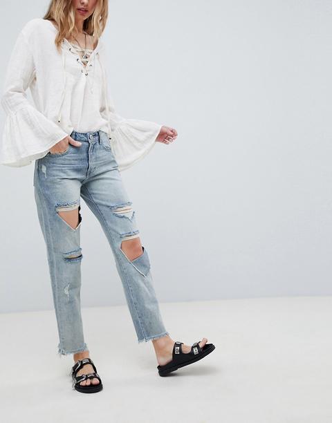 One Teaspoon - Awesome - Jeans Larghi Vita Alta Dritti Strappati - Blu