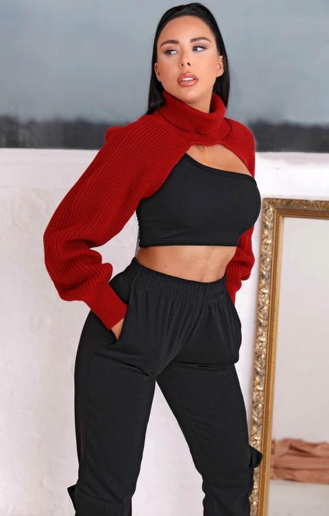 Rust Knitted Balloon Sleeve Roll Neck Extreme Cropped Jumper - Cassia