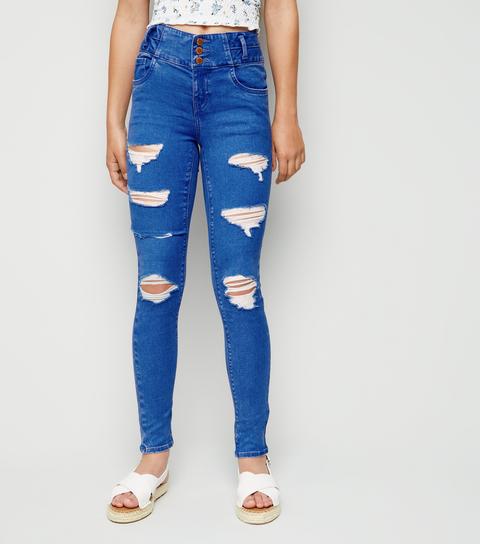 Girls Bright Blue Ripped Skinny Jeans 