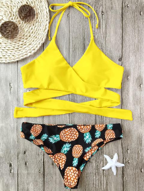 Halter Pineapple Print Wrap Bikini